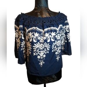 Flying Tomato Dark Blue Blouse with White Embroidery Small